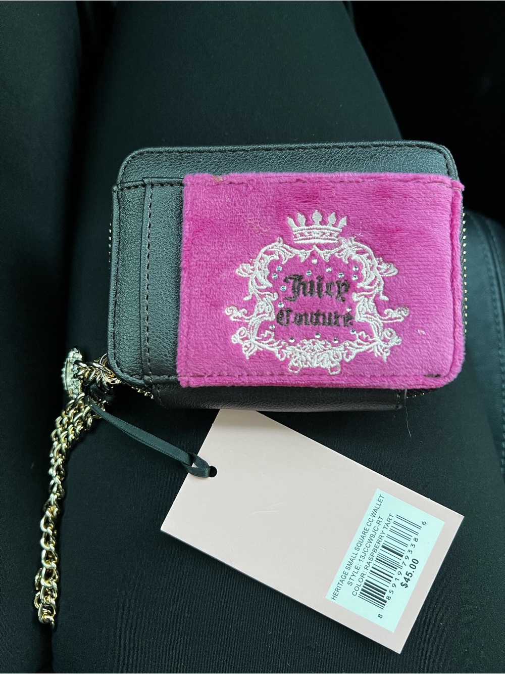 Juicy Couture Black Wallet with Pink Velvet Crest Panel